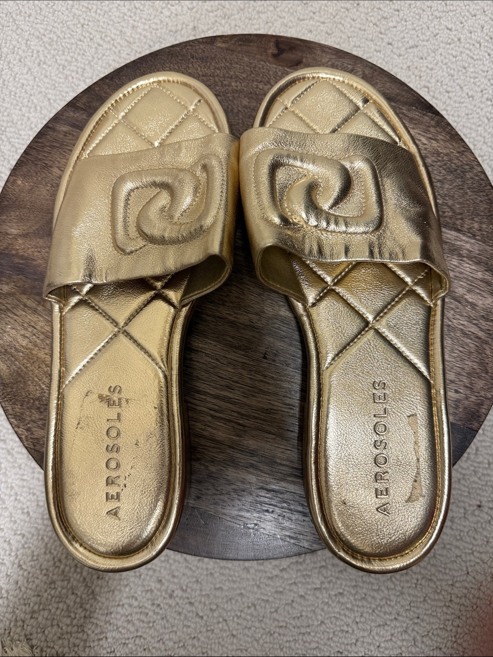 AEROSOLES Metallic Gold Quilted Slide Sandals with Padded Strap
